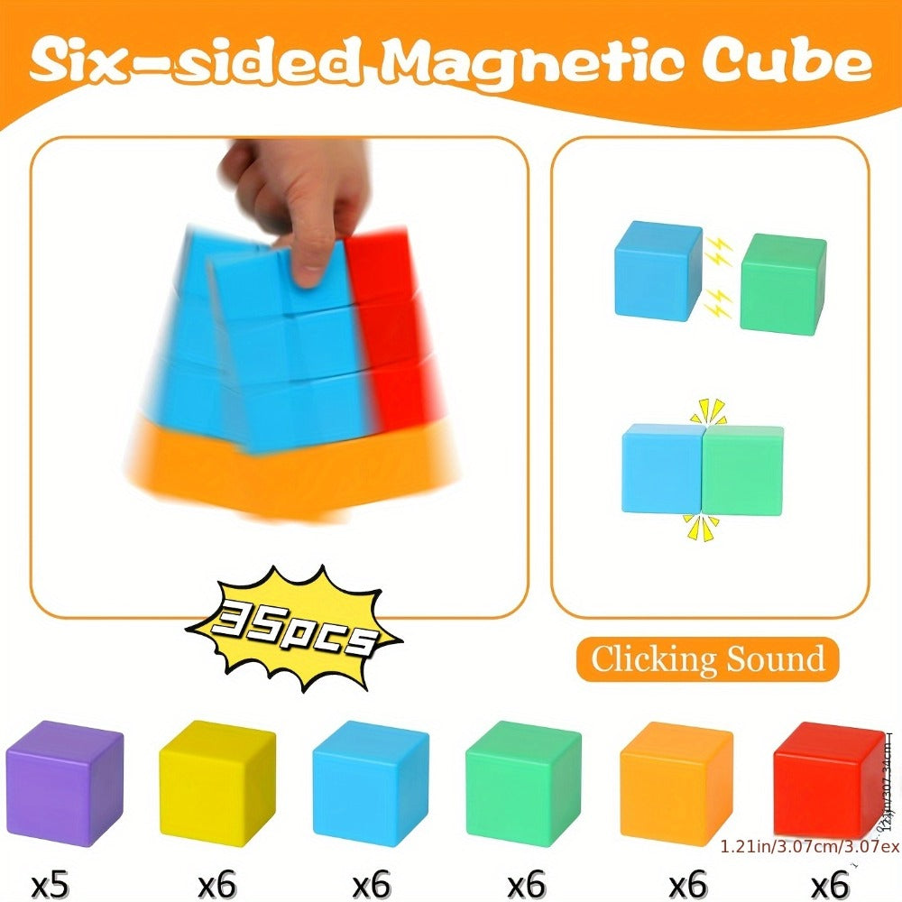 Magnetic Cube Building Blocks 35 Pcs for Toddlers Rainbow Sensory STEM Toy Ages 3-5, Safe Large Sealed Magnet Blocks for Boys & Girls