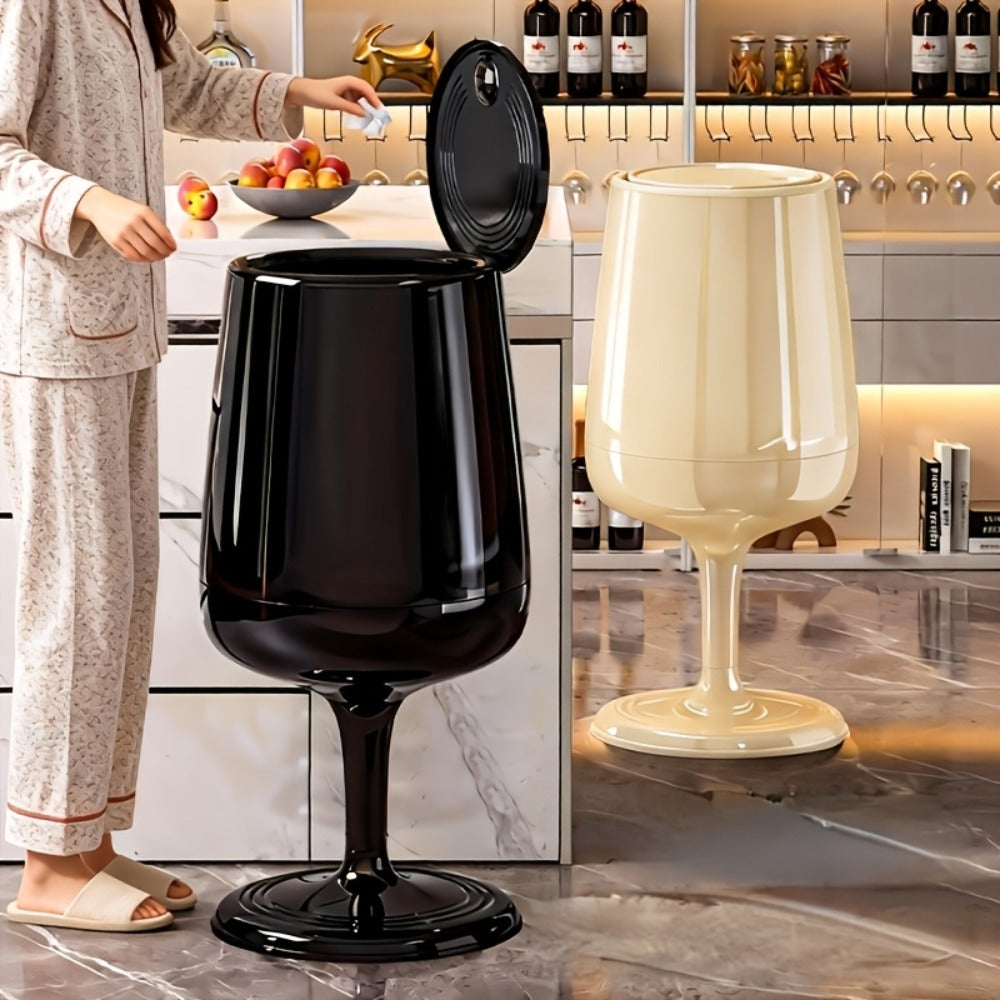 Wine Glass-Shaped Trash Can with Press Lid, 28.15-Inch Height and Red, Cream White or Black Finish