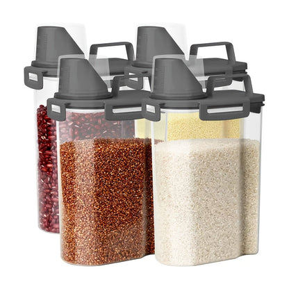 Airtight Grain Storage Containers 4pcs – Transparent Plastic Food Storage Box with Flip Top Lid & Pouring Port for Rice Flour Dry Goods