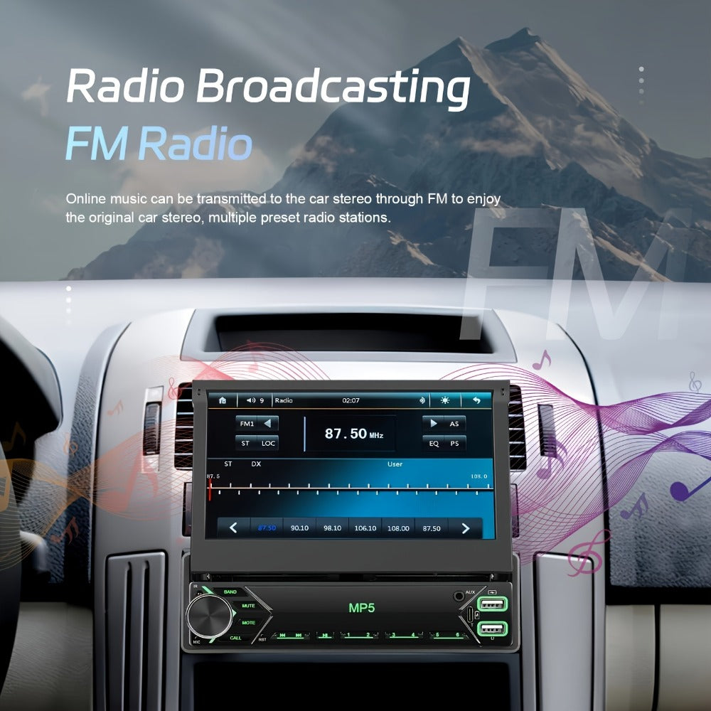 Single DIN Car Stereo – 7" HD Retractable Touchscreen, MP5 Player, Mirror Link, Bluetooth Hands-Free, FM Radio, USB & AUX