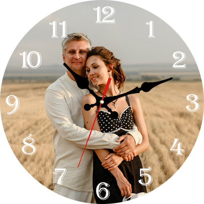 Personalized Custom Photo Wall Clock - Round Wood Silent Clock with Custom Text & Family Name, Self-Assembly