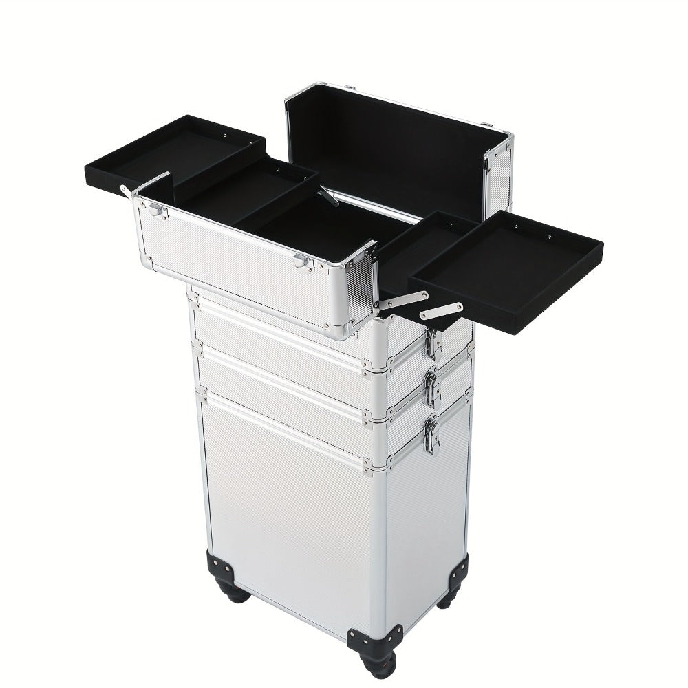 Rolling Makeup Case Aluminum 4-in-1 Extra Large Professional Cosmetic Trolley with 360° Swivel Wheels for Makeup Artist Tattoo Artist Salon