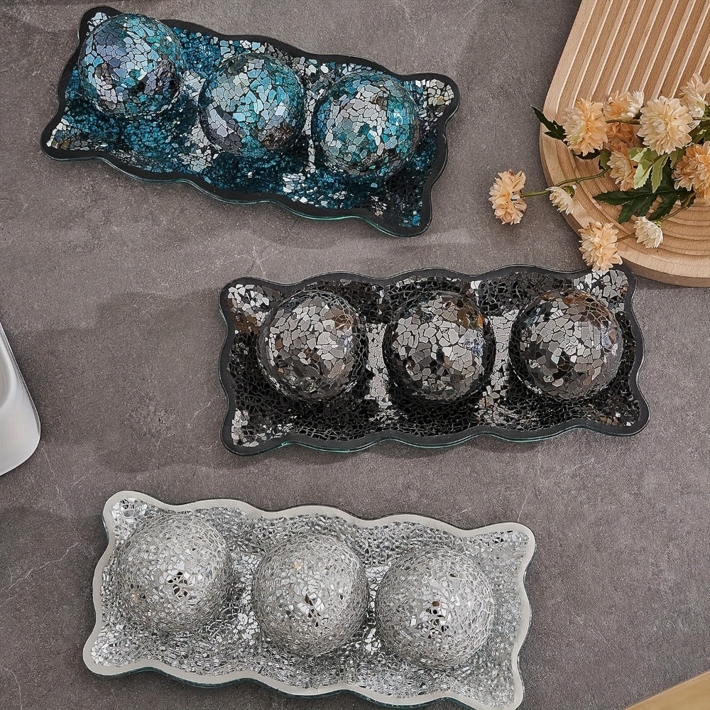 Decorative Glass Balls for Bowls 3 Inch Set of 3 with Glass Tray for Entryways, Bedrooms and Living Spaces