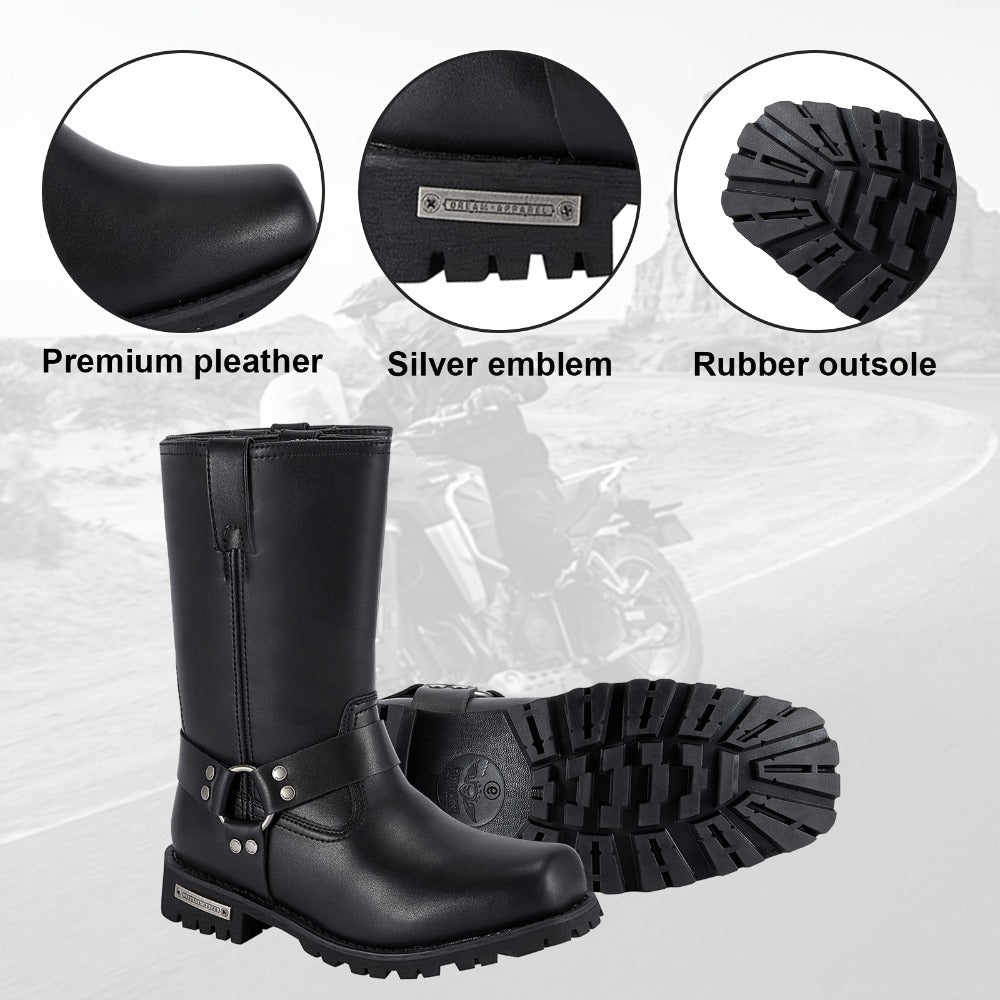 Men's Motorcycle Boots 11" Harness – PU Leather Non-Slip Square Toe Mid-Calf Biker Boots, Abrasion Resistant All-Season Riding Boots