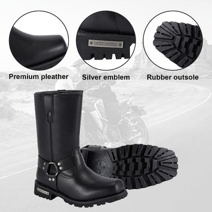 Men's Motorcycle Boots 11" Harness – PU Leather Non-Slip Square Toe Mid-Calf Biker Boots, Abrasion Resistant All-Season Riding Boots