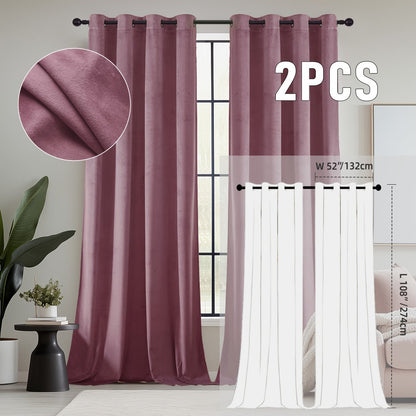 Velvet Room Darkening Curtains 2 Panels, Grommet Top Thermal Insulated Soundproof Blackout Curtains for Living Room Bedroom