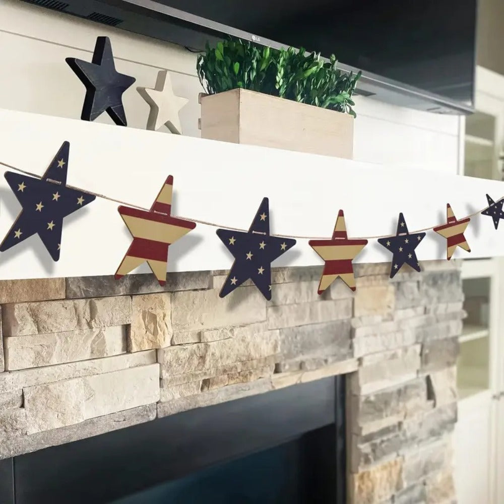 Patriotic Wooden Wreath 4th of July, Red White & Blue Rustic Stars & Flags Decor for Independence Day
