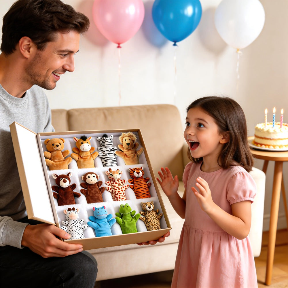 Twelve-Piece Zoo Animal Hand Puppet Set with Bear, Zebra, Lion, Giraffe, Hippo and More Designs