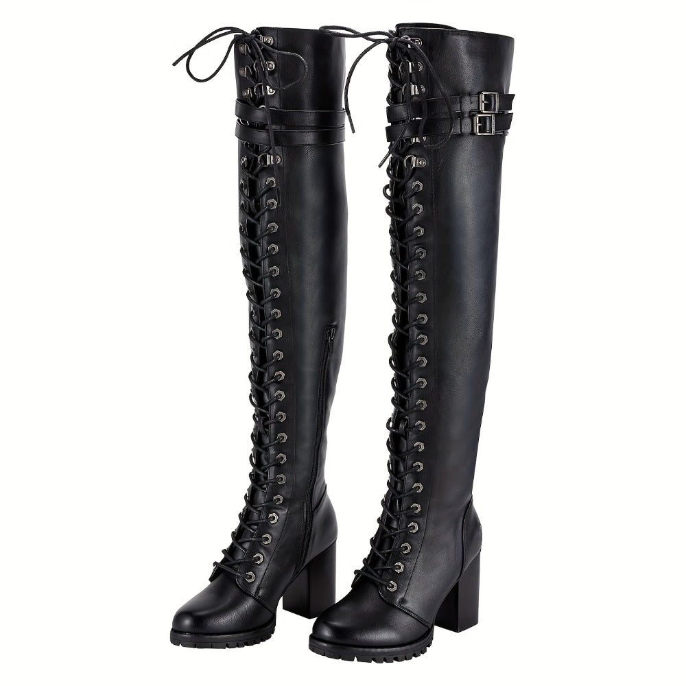 Women's Over-the-Knee Biker Boots, Faux Leather Thigh High Lace-Up Knee High Boots with Chunky Heel & Buckle