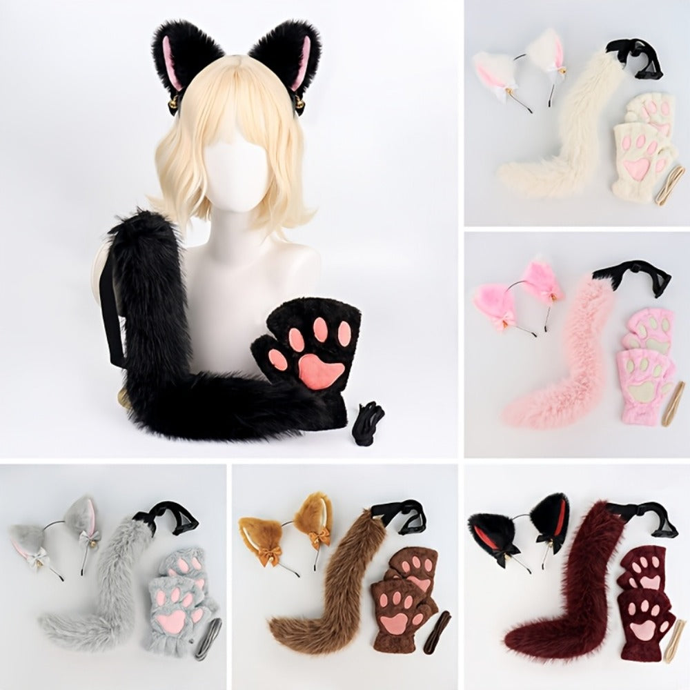 Cat Costume Set 3 Piece, Bell Ear Headband, Plush Paw Gloves & Adjustable Tail for Halloween, Cosplay