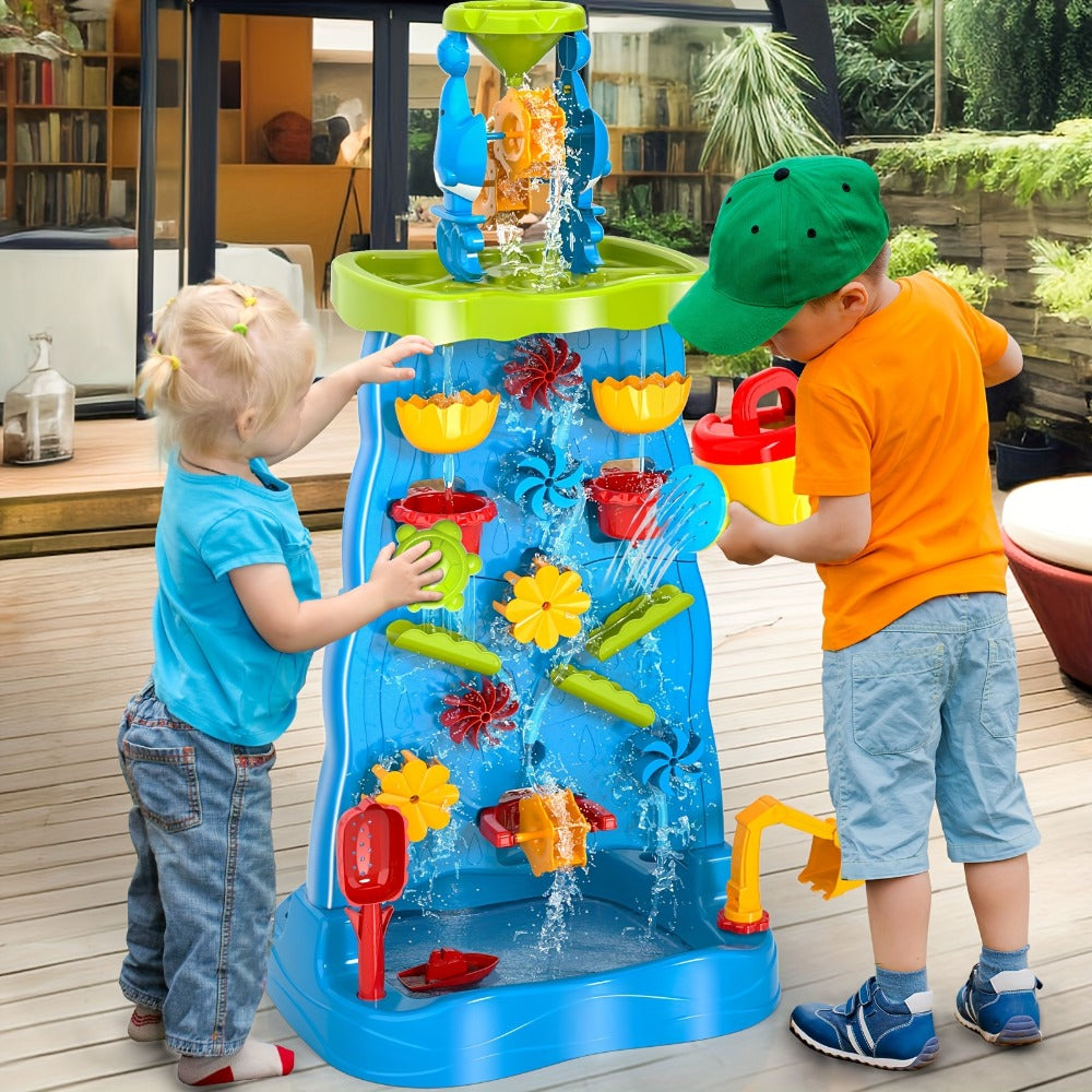 Water Play Table for Kids Double-Sided Waterfall & Beach Sand Zone, Outdoor Sensory Activity Toy for Toddlers Ages 3+