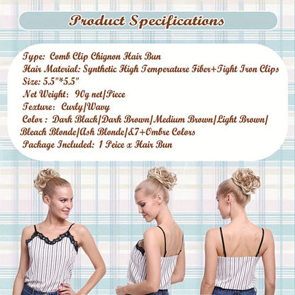 Clip In Hair Bun Extension Messy Bun Chignon Hairpiece – Synthetic Curly Updo with Comb & Scrunchie for Women