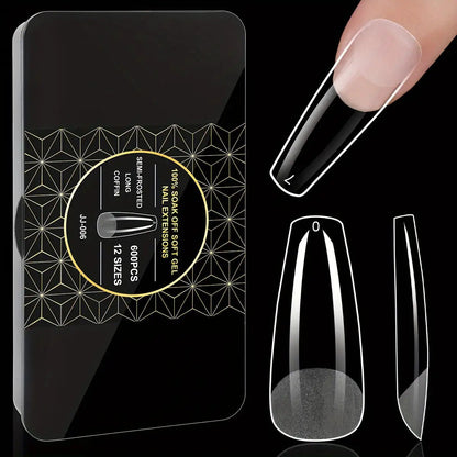 Gel Nail Tips 600 Pieces Clear Crystal Full Cover Nail Extensions – Almond Oval Coffin Stiletto Square Short Medium Long Soft Gel False