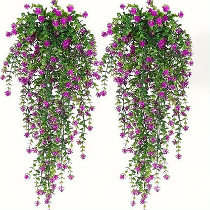 Hanging Artificial Flower Vines, 10-Bunch 30-Inch Set with White or Purple Flowers and Green Leaves