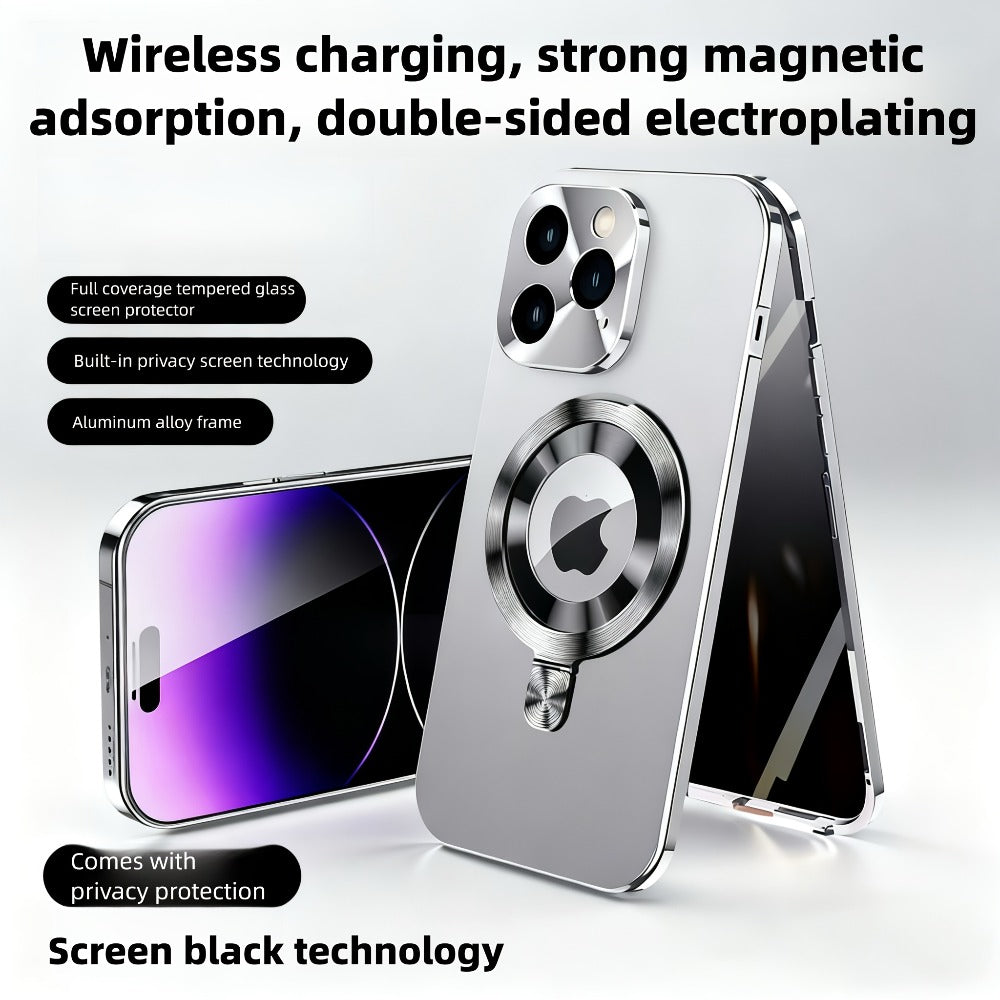 Phone Case Privacy Screen with Aluminum Alloy Frame, Rear Stand and magnetic ring for iPhone 15 Pro