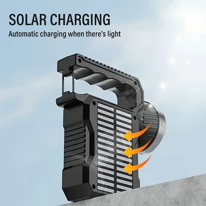 LED Searchlight Spotlight Solar & USB Rechargeable, High-Power Handheld Flashlight with Side Light Locking Clip 4 Modes