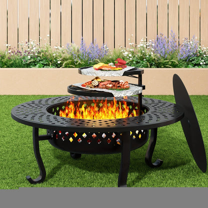 43-Inch Round Fire Pit Table with Two Cooking Grates, Center Lid, Perforated Bowl and Long Poker