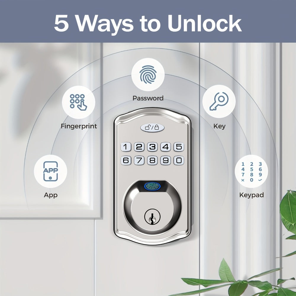 Smart Door Lock Deadbolt with Fingerprint Keypad App and Key Access in Black or Silver Options