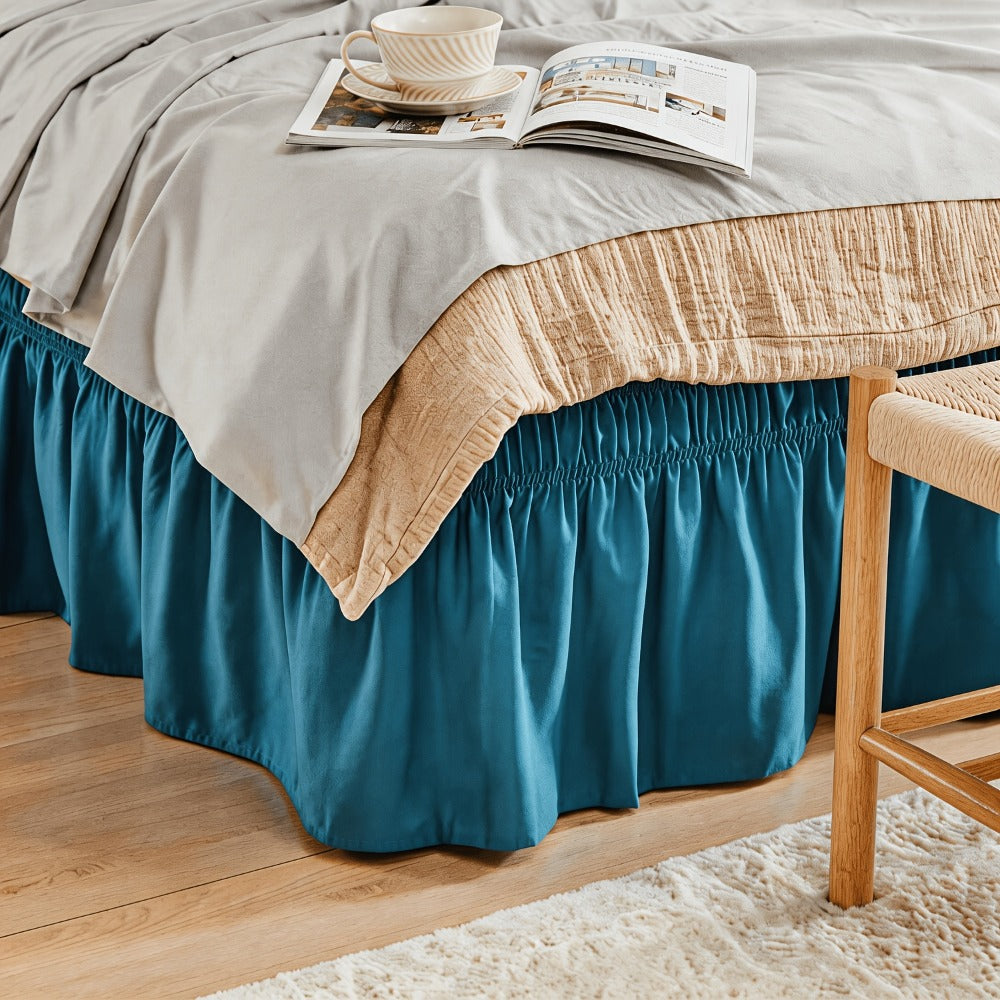 Bed Skirt Elastic Wrap Around Ruffle – 15 Inch Drop Microfiber Dust Ruffle, Adjustable No-Lift Fit, Fade Resistant Machine Washable