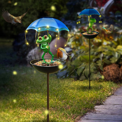 Solar Garden Decor Frog with Umbrella LED Light, Iron Frog Outdoor Statue with Solar Powered LED