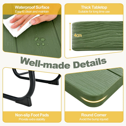 Outdoor Picnic Table 8-Person, Square HDPE Table with 4 Built-in Benches, Umbrella Hole, Metal Frame