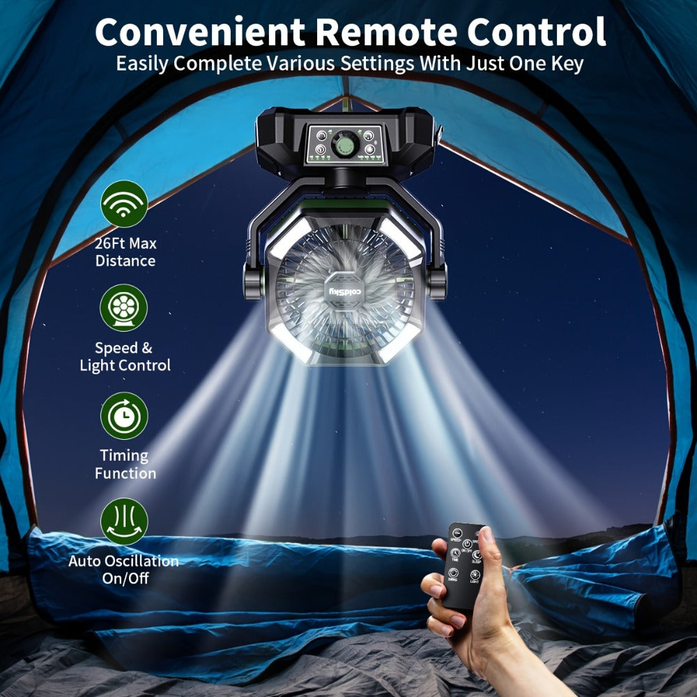 Camping Fan with Dual Motors & 4 LED Lights, Portable Tent Fan with Remote Control, 8 Speed Settings