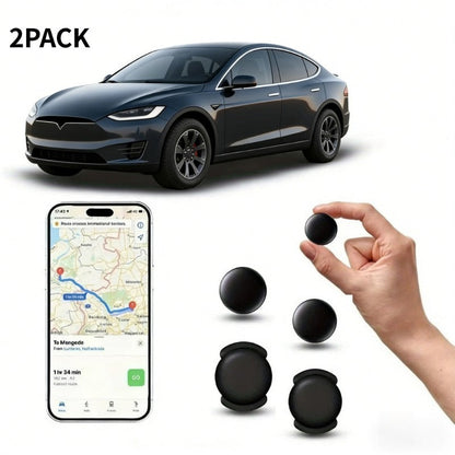 Two-Pack Round Find My Locator Tags with Black Magnetic Holders for Vehicles and Personal Items