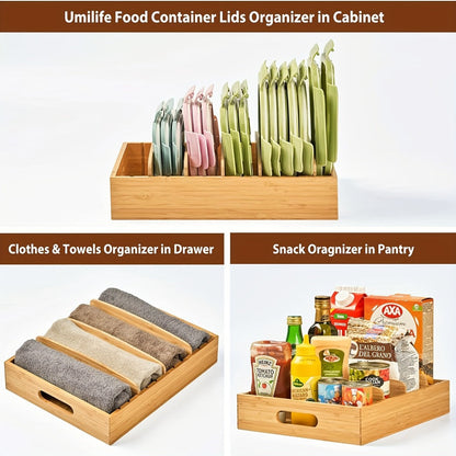 Bamboo Lid Organizer for Kitchen Cabinet with 5 Adjustable Dividers – Tupperware Lid Holder for Food Container Lids