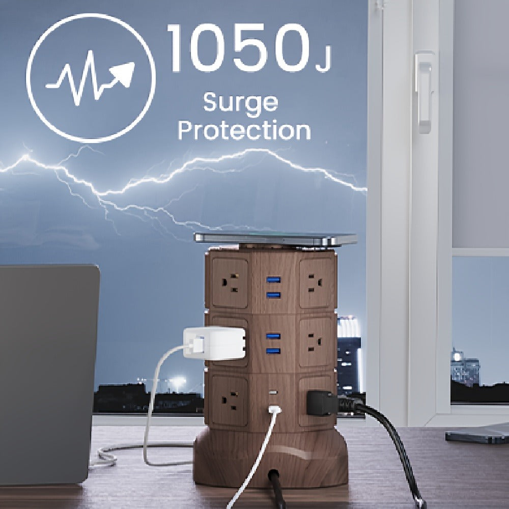 Power Strip Tower with 12 AC Outlets, 4 USB-A, 2 USB-C, 15W Magnetic Wireless Charger and 5.5-Foot Retractable Cord