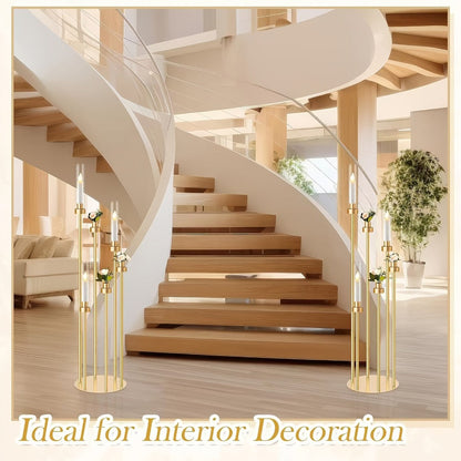 Floor Candelabra 6-Arm 46 Inch Gold Metal Candlestick Set with 12pcs LED Candles & Acrylic Shades