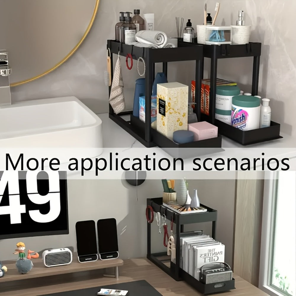 Under Sink Storage Organizer 2-Piece Double-Tier Sliding Basket with 8 Hooks in Four Color Styles
