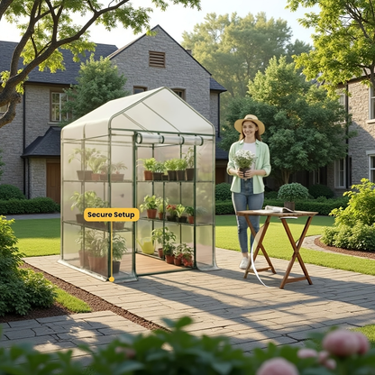 Walk-In Greenhouse Outdoor with Screen Windows, PE Cover, Portable Plant Shelter with Shelving Clips