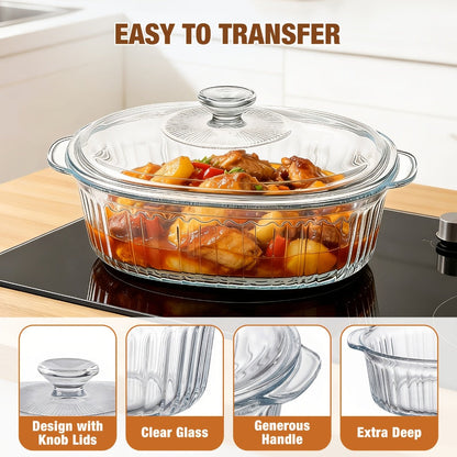 Borosilicate Glass Baking Dish with Lid 96oz, Oval Casserole Pan Microwave Oven Fridge Safe, Multi-Use for Baking