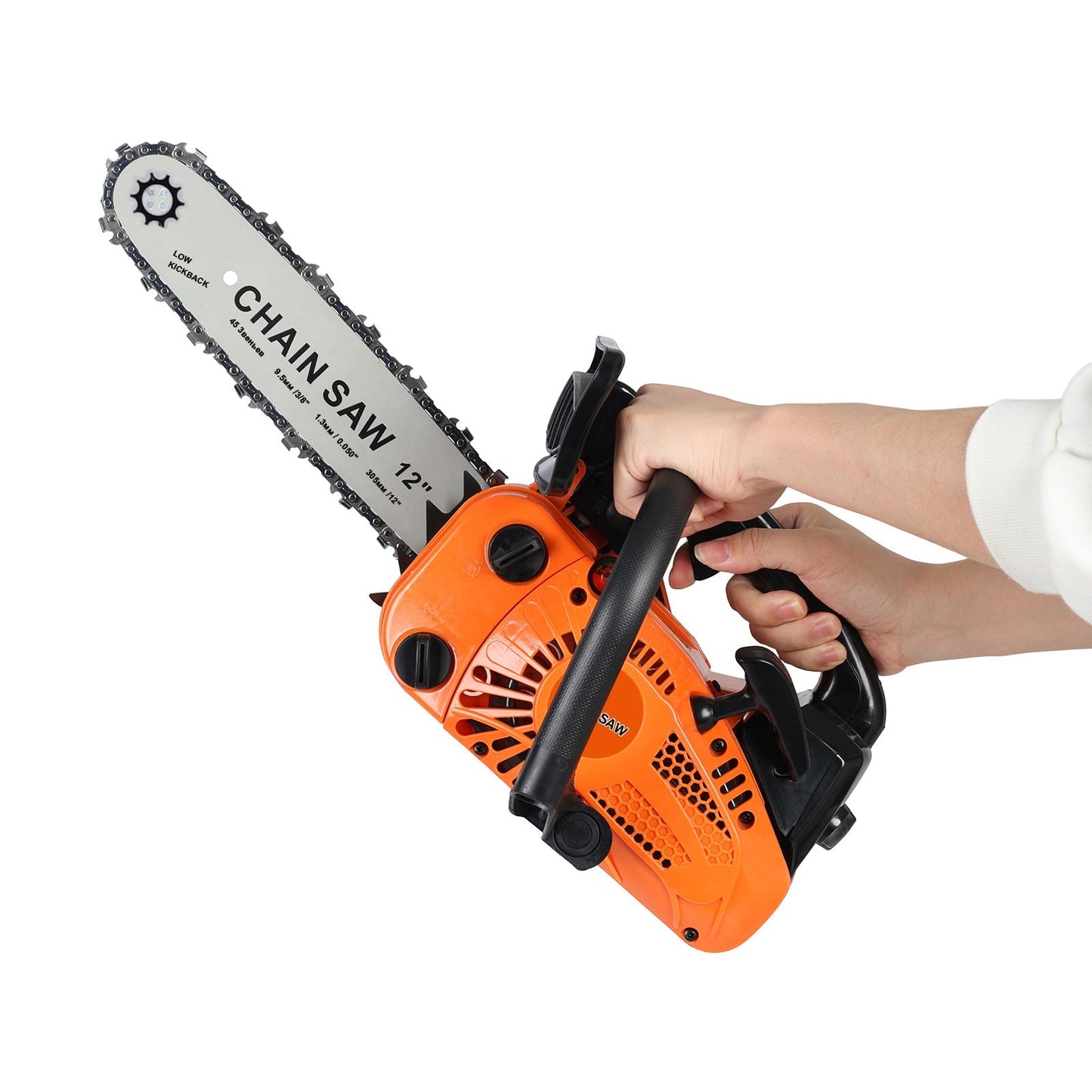 Compact 25.4CC Gas Chainsaw with 12-Inch Guide Bar and Orange Two-Stroke Engine Housing Design