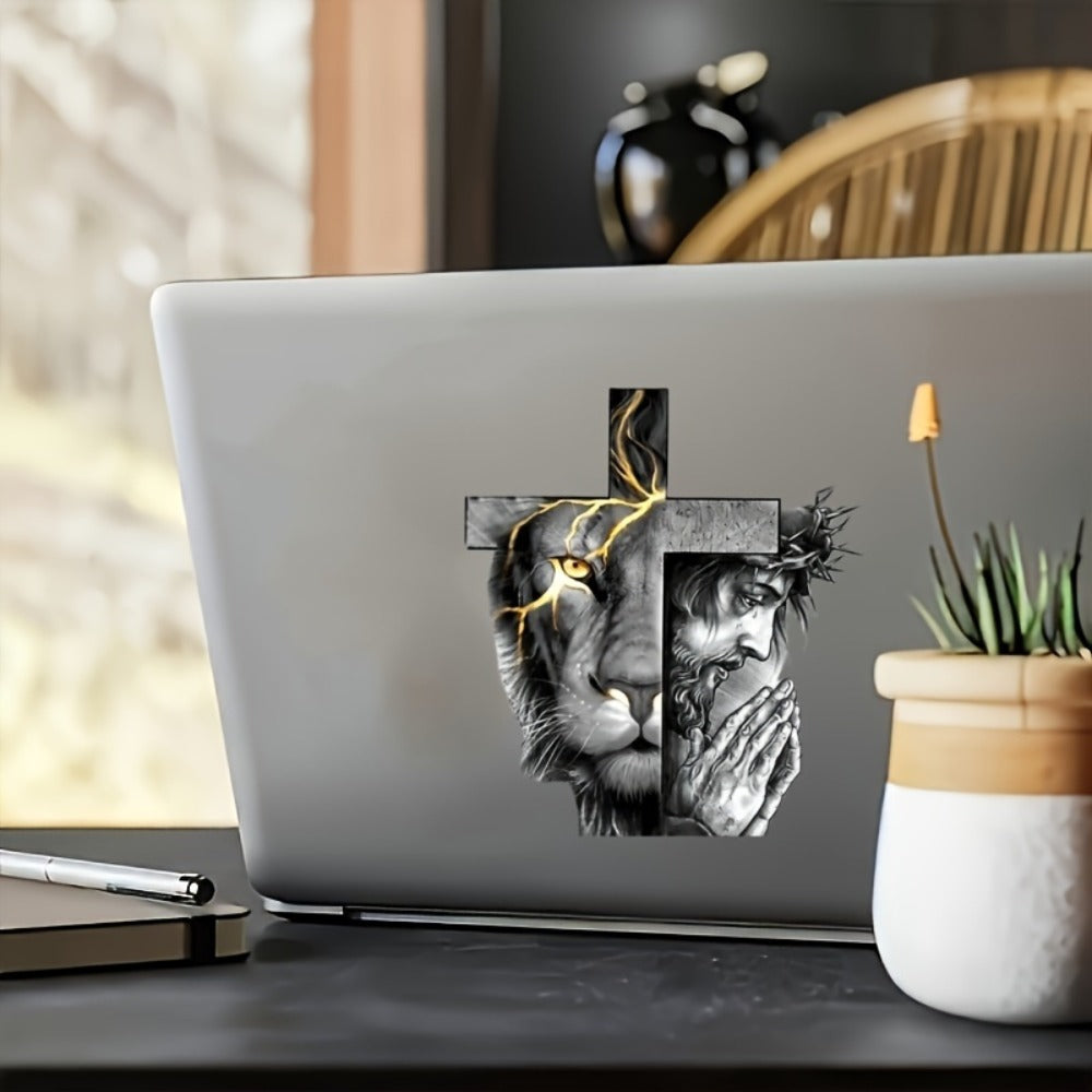 Two-Piece Lion-and-Cross Decal Set with Black-and-Gold Portrait Artwork for Vehicle or Flat Surfaces