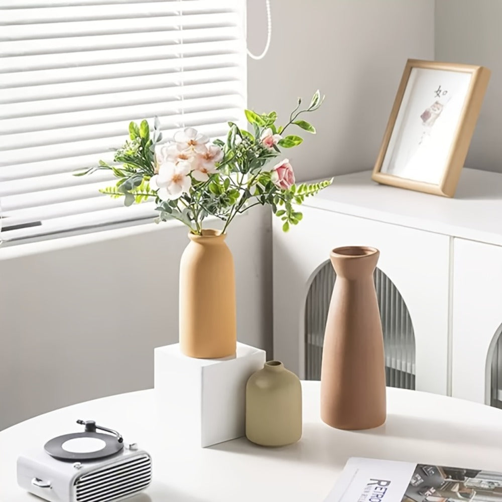 Boho Ceramic Vase Set 3pcs - Matte Nordic Minimalist Geometric Floral Design for Home Decor, Living Room