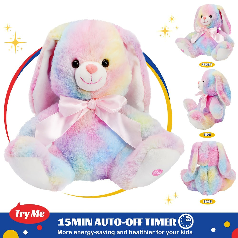 Musical Glowing Bunny Plush Toy 10 Inch, Rainbow Lop Ear Rabbit Stuffed Animal with LED Night Light & Lullaby Music for Toddlers Kids