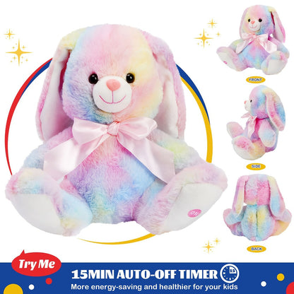 Musical Glowing Bunny Plush Toy 10 Inch, Rainbow Lop Ear Rabbit Stuffed Animal with LED Night Light & Lullaby Music for Toddlers Kids