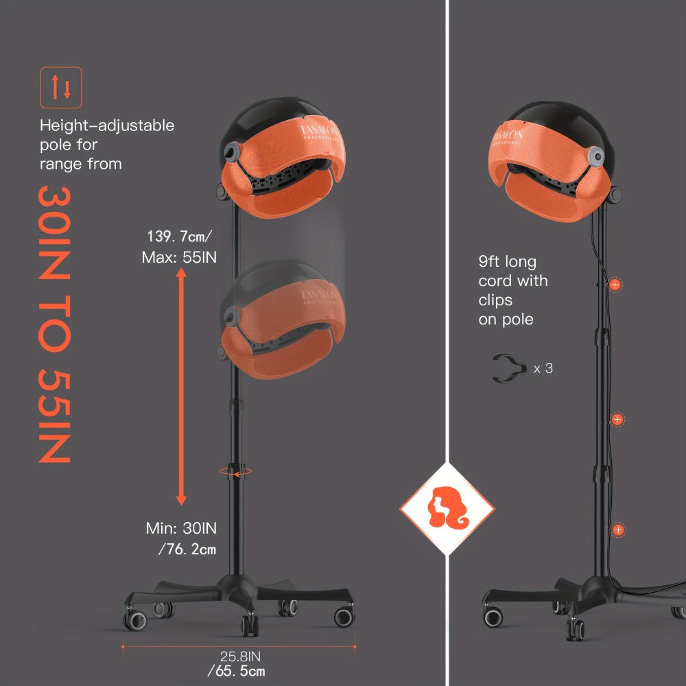 Hooded Hair Dryer 1875W Ionic Standing Bonnet Dryer on Wheels, 3 Heat Settings, Height Adjustable 30-55"
