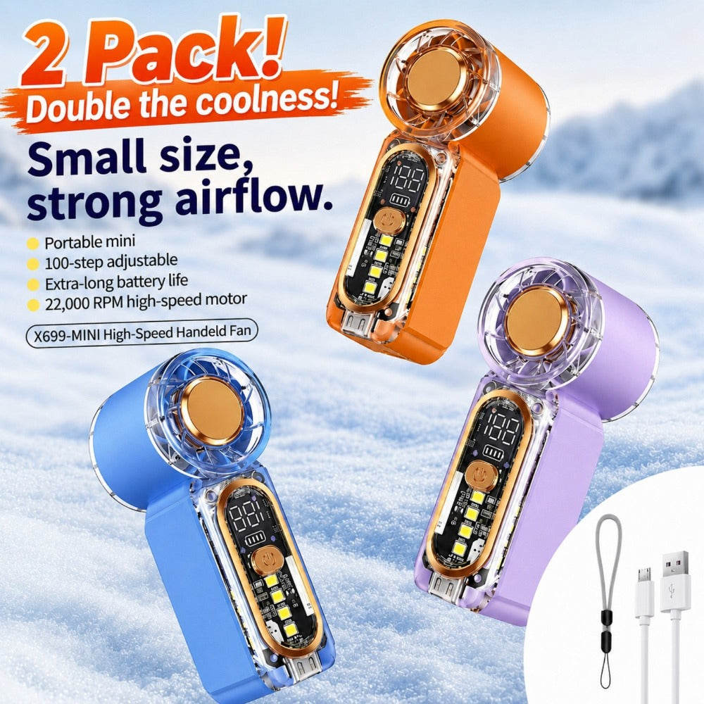 Two-Pack Mini Handheld Fans with 100-Level Digital Display, USB-C Cable, LED Light and Three Color Options