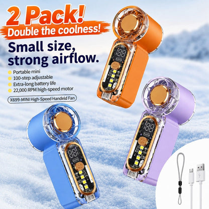 Two-Pack Mini Handheld Fans with 100-Level Digital Display, USB-C Cable, LED Light and Three Color Options