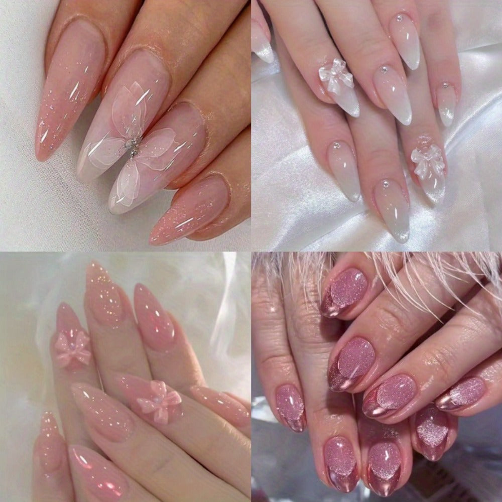 Press On Nails 96-Piece Almond Four-Pack Ice Pink Gradient Flower Butterfly Glossy Full-Cover Set