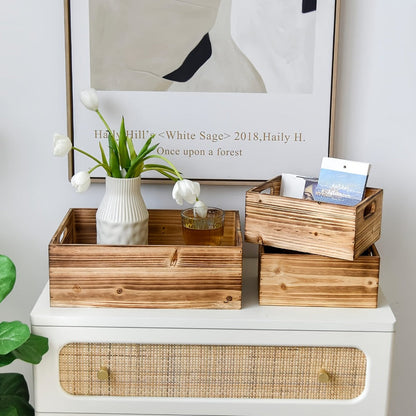 Wooden Crates with Handles Set of 3, Rustic Farmhouse Storage Boxes for Pantry, Shelf, Closet, Arts & Crafts