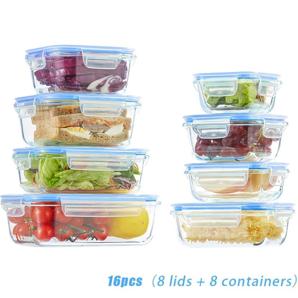 Glass Meal Prep Containers 16 Piece Set (8 Lids + 8 Containers) - Borosilicate Glass Food Storage with Leak Proof Lids