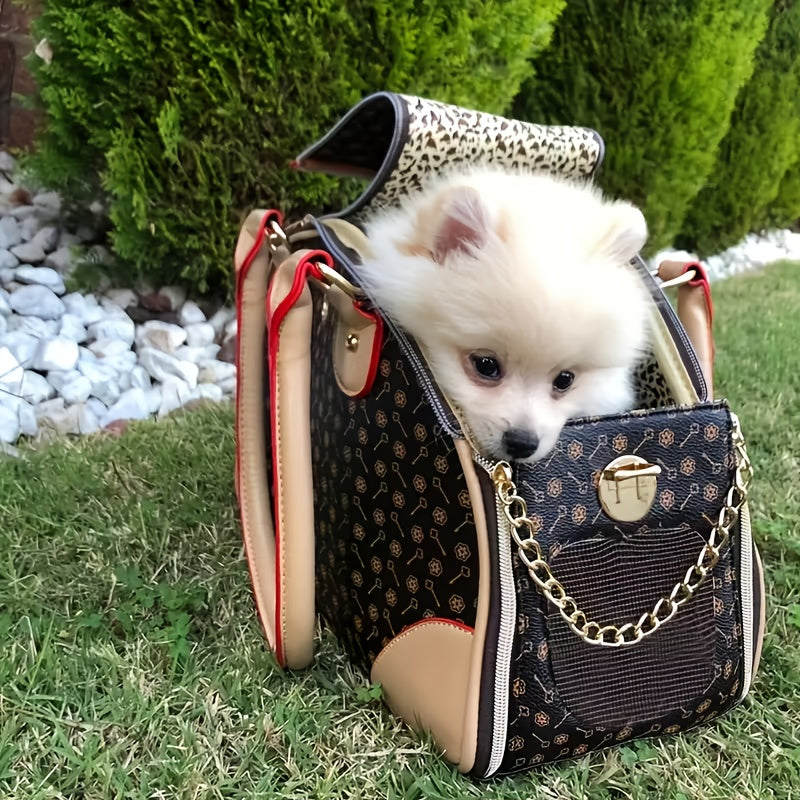 Patterned Pet Carrier Handbag with Mesh Side Panel, Top Handles and 17 x 12 x 8-Inch Pictured Size