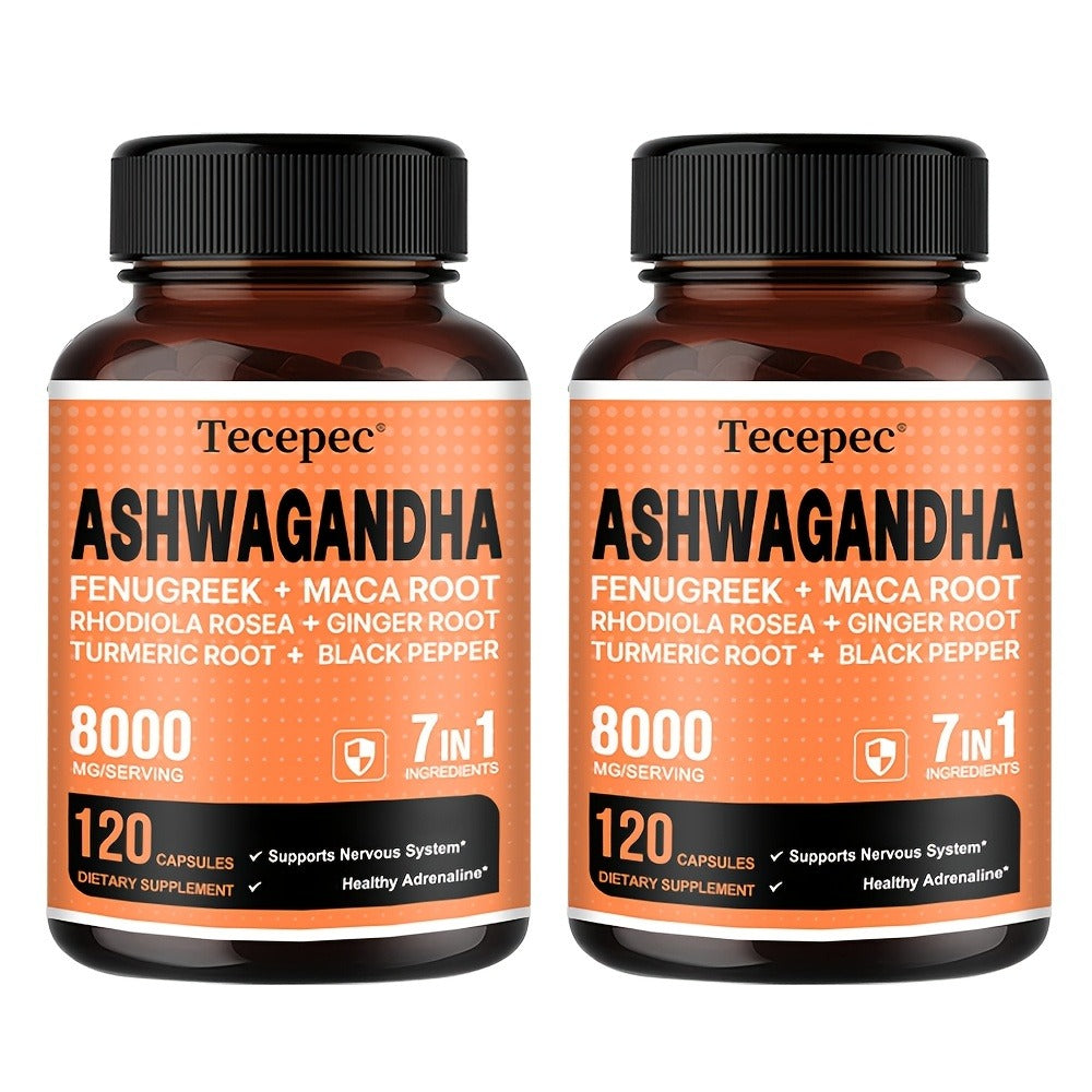 Ashwagandha Capsules 7-in-1 Adaptogen Blend 120ct with Maca Root Rhodiola Rosea Ginseng for Bath Time, Home Spa and Personal Care