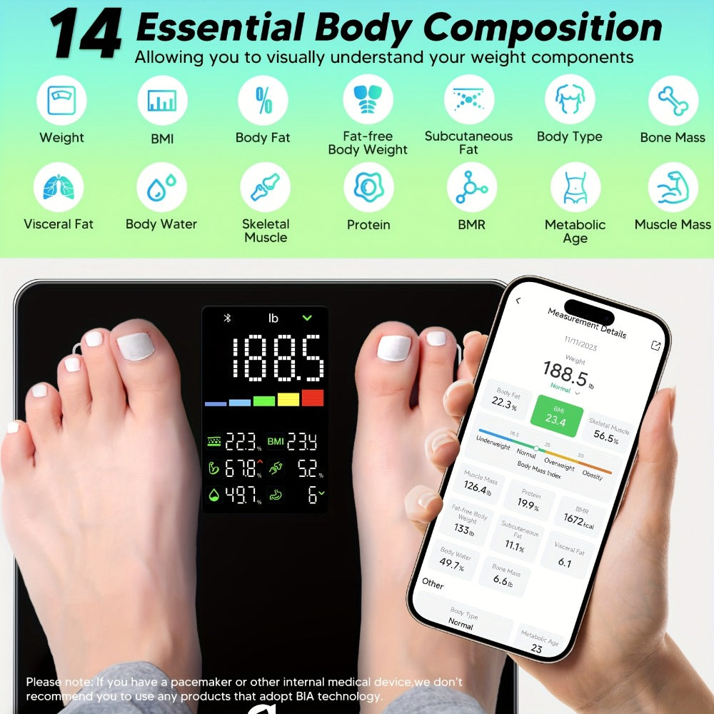 Smart Body Scale 14-in-1, Body Fat Scale with BMI, Mass & 14 Health Metrics, Wireless Bluetooth App Sync