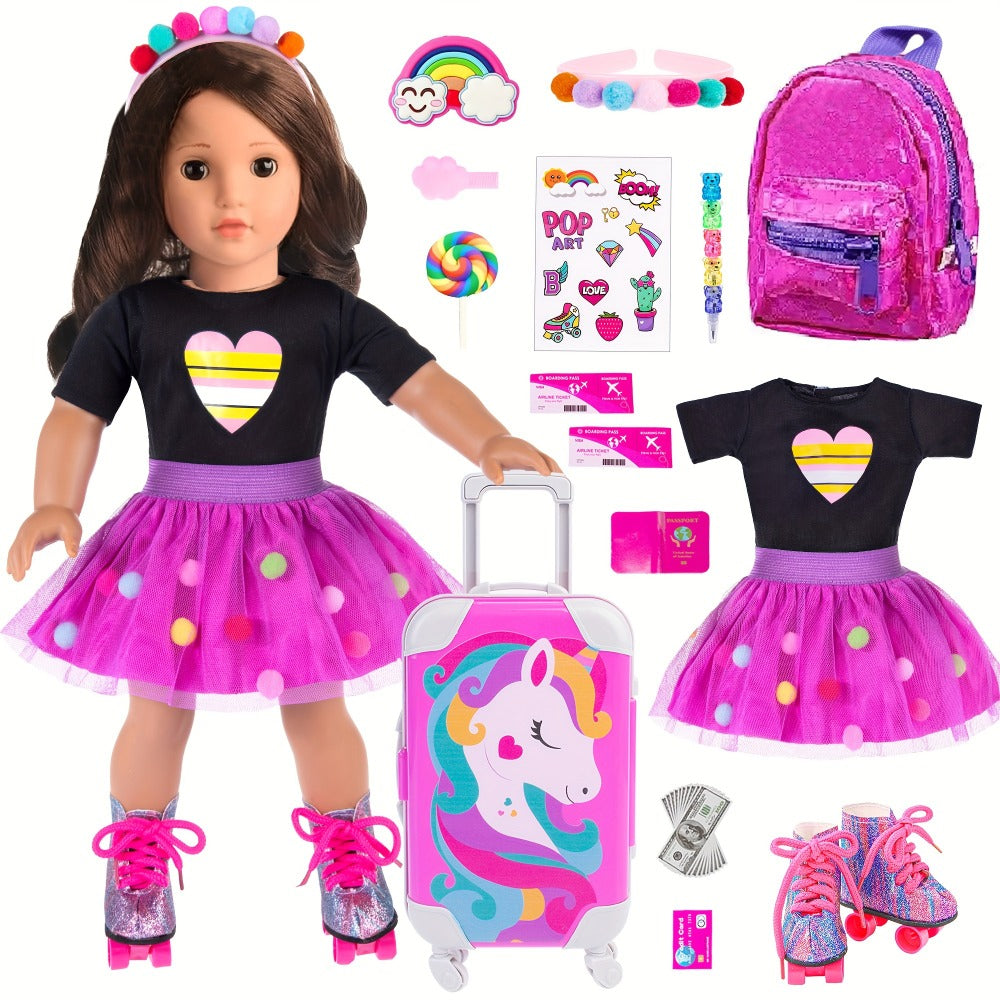 18 Inch Doll Travel Accessories Set 25 Pcs, Unicorn Suitcase Roller Skates Backpack Outfit Hairpins School Supplies