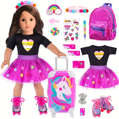 18 Inch Doll Travel Accessories Set 25 Pcs, Unicorn Suitcase Roller Skates Backpack Outfit Hairpins School Supplies