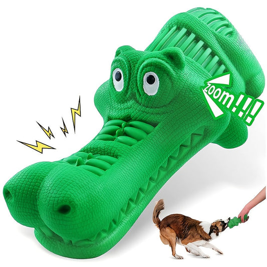 Green Crocodile Plush Dog Chew Toy with Squeaker, Textured Body and Zipper-Style Back Detail